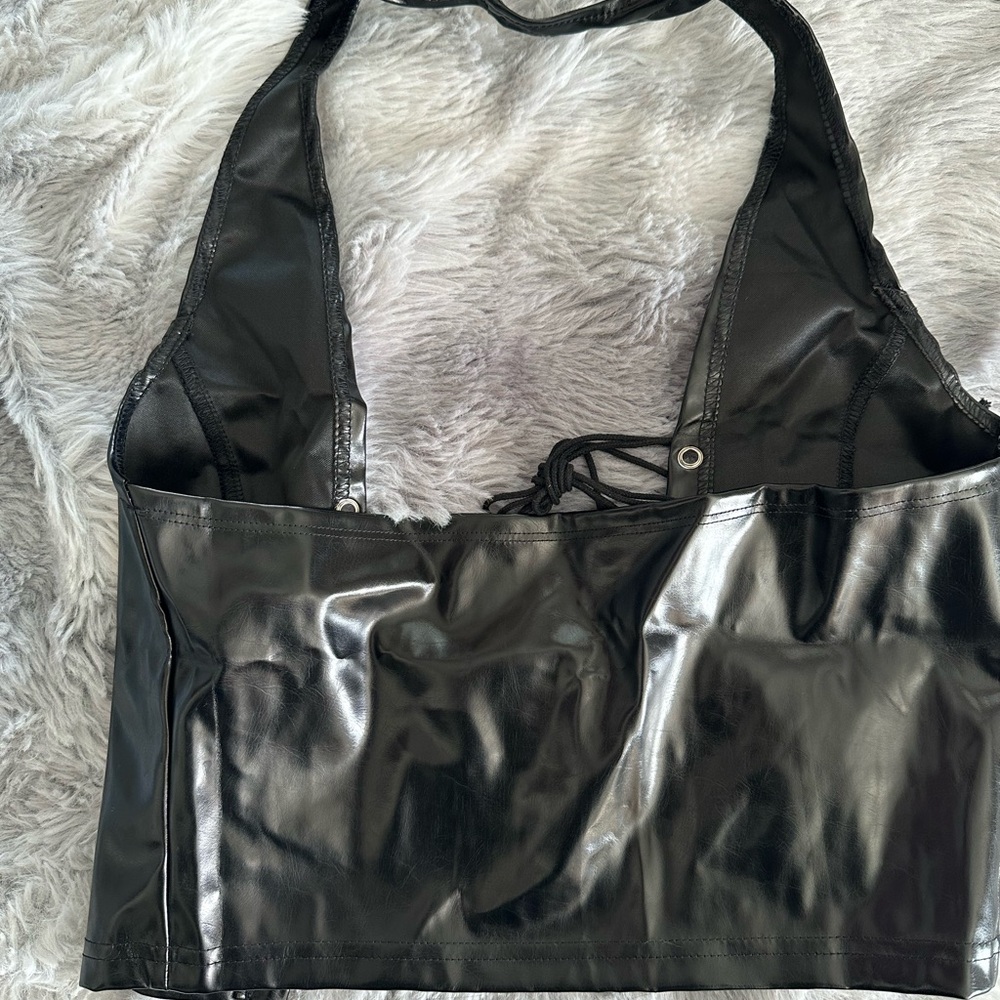 Black Faux Latex Halter Lace-Up Top - Picture 7 of 7